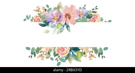 Cornice di fiori. Illustrazione acquerello su sfondo isolato. Rose, peonie, anemoni, eucalipto Foto Stock