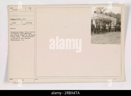 Chasseurs Alpin (Blue Devils of France) in posa sul prato della Casa Bianca con bandiere americane e francesi. Sono presenti anche civili non identificati. Fotografia scattata a Washington, D.C. nel 1918. Foto Stock