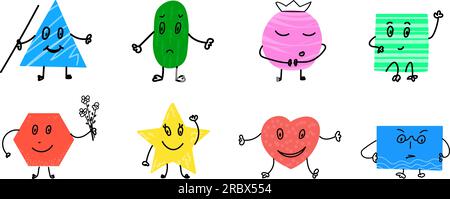 Divertenti figure geometriche. Simpatiche illustrazioni educative. Personaggi emoji di colore infantile a fantasia. Illustrazione Vettoriale