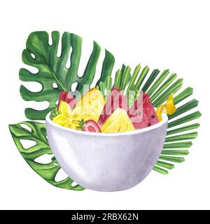 Frutta tropicale, tazza, foglie di palma. Carambola di ananas e fragola di ananas all'ananas. Illustrazione ad acquerello disegnata a mano su sfondo bianco. Per il bar restaura Foto Stock