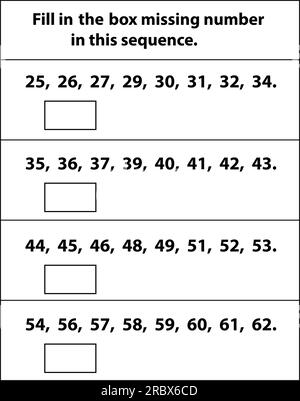 Digitare il foglio di lavoro numero mancante. numeri mancanti. Compilare la casella. Matematica su sfondo bianco. Illustrazione grafica vettoriale. apprendimento di base dei bambini. Illustrazione Vettoriale