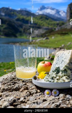 Versando in un bicchiere di sidro asturiano naturale a base di mele fermentate, il cabrales asturiano è un formaggio di mucca azzurra con vista sui laghi di Covadonga e sulle cime del Pico Foto Stock