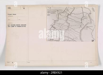 Una fotografia che mostra una mappa dettagliata delle trincee francesi e delle linee di comunicazione durante la prima guerra mondiale La mappa raffigura la disposizione di trincee, linee di comunicazione principali e secondarie e rifugi nella regione di Ailles. Questa immagine è stata probabilmente scattata da un fotografo del Signal Corps e ha ricevuto la descrizione di cui sopra. Foto Stock