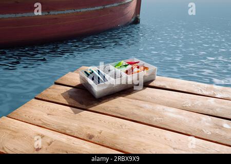 Accessori per la pesca in una scatola con scomparti. Animazione di assaggi di pesci colorati assortiti. Set di alesaggi multicolori, ganci per pesci e utensili. Affronta a. Foto Stock