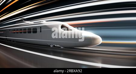 Il trenino ad alta velocità brilla attraverso lo sfondo futuristico illuminato al neon, il suo design elegante e le curve aerodinamiche riflettono le tonalità luminose del neonato Foto Stock