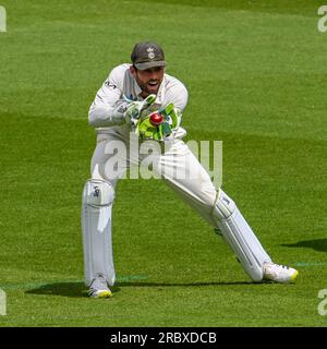 Ovale, Inghilterra. 11 luglio 2023. Ben Foakes del Surrey County Cricket Club mantiene il wicket durante il secondo giorno del match per il campionato della contea di LV tra Surrey CCC e Nottinghamshire CCC. Crediti: Nigel Bramley/Alamy Live News Foto Stock