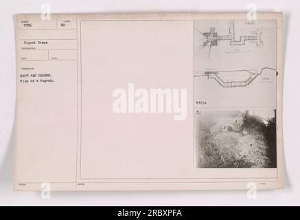 In questa fotografia è esposto un piano di un dugout dalle fotografie delle attività militari americane durante la prima guerra mondiale. L'immagine, etichettata come 111-SC-8796, fa parte della raccolta mappe e carte. Il dugout, contrassegnato da simboli e note, fornisce preziose informazioni sulla struttura e la disposizione dei campi militari durante la guerra. Foto Stock