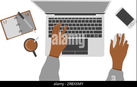 Spazio di lavoro del manager all'interno di casa o ufficio con mani nere che disegnano su sfondo trasparente Illustrazione Vettoriale