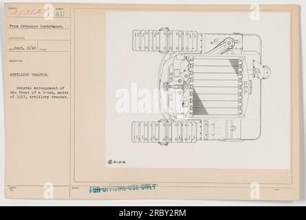 In questa fotografia è illustrato un trattore d'artiglieria da 5 tonnellate, modello del 1917. Visualizza la disposizione generale della parte anteriore del veicolo. L'immagine è stata scattata da un fotografo del Dipartimento di Ordnance nel settembre 1918. La foto è contrassegnata con "solo per uso ufficiale" con il numero di riferimento 21312. Foto Stock