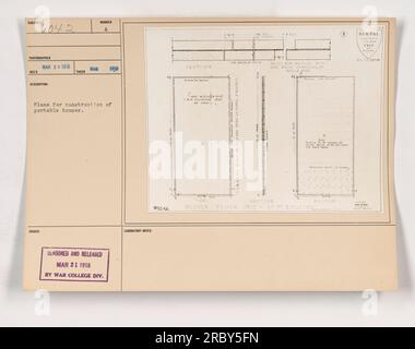 Piani per la costruzione di case portatili, pubblicati nel 1918. I piani includono l'utilizzo di carta catrame per pavimentazioni, l'aggiunta di angoli con estremità squadrate e l'allineamento di pannelli paralleli alle pareti laterali. Ogni unità a due piani dell'edificio di 20 metri ospita 45 comode unità. Nota: Questa fotografia è stata censurata e pubblicata dal War College Division Laboratory il 21 marzo 1918. Foto Stock