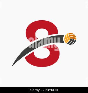 Logo pallavolo sulla lettera 8 con icona pallavolo in movimento. Simbolo pallavolo Illustrazione Vettoriale