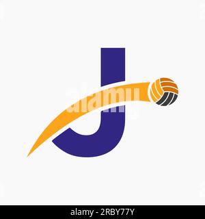 Logo pallavolo sulla lettera J con icona pallavolo in movimento. Simbolo pallavolo Illustrazione Vettoriale