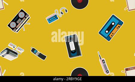 Texture, modello senza cuciture di vecchi adesivi elettronici retrò hipster, tv recorder telefono cellulare, lettore, audiocassetta, videoregistratore, console di gioco, c Illustrazione Vettoriale