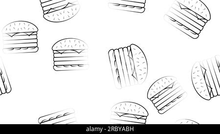 Motivo hamburger senza cuciture con icone. Contorno stile. illustrazione sul tema dei prodotti da forno e della cottura del pane. Sfondo vettore. Illustrazione Vettoriale