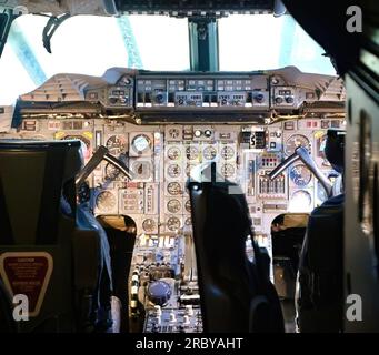 Cabina di pilotaggio dell'Aérospatiale e della British Aircraft Corporation Concorde G-BOAG Seattle Washington State USA Foto Stock