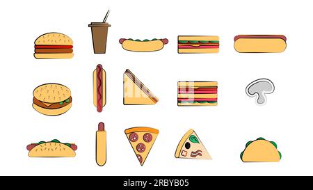 Set di 15 icone di piatti deliziosi e spuntini per un bar/caffetteria su sfondo bianco: hamburger, hot dog, sandwich, pizza, burrito, drin Illustrazione Vettoriale