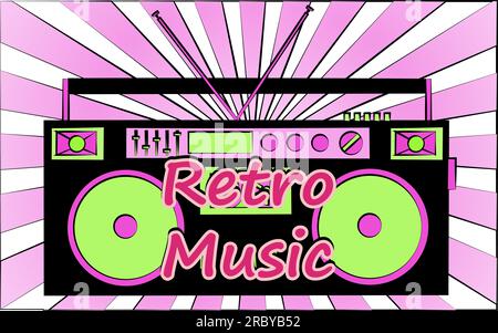 vecchio registratore di musica retrò hipster elegante per audiocassette degli anni '70, '80, '90 e un'iscrizione di musica retrò. Lo sfondo. Illustrazione Vettoriale