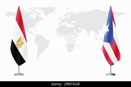 Egitto e Porto Rico bandiere per un incontro ufficiale sullo sfondo della mappa mondiale. Illustrazione Vettoriale