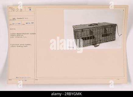 Cestini di trasporto per piccioni utilizzati dalla Pigeon Section, Land Division, S.C. durante la prima guerra mondiale. L'immagine mostra un cestino di otto uccelli chiuso, con il retro visibile. Questa fotografia è stata scattata dal sergente Marshall il 13 maggio 1918 e non è destinata alla pubblicazione. Le note aggiuntive sono elencate come 09623 TR J-14. Foto Stock