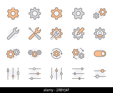 Impostazioni icone linea piatta impostate. Cogwheell, chiave meccanica, chiave, professionale, manutenzione, configurazione, illustrazioni vettoriali. Segnali di contorno tec Illustrazione Vettoriale