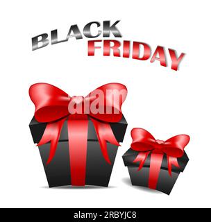 Confezione regalo nera decorativa con arco rosso e fascia di prezzo isolata su bianco per il design della vendita del Black friday. Illustrazione vettoriale Illustrazione Vettoriale