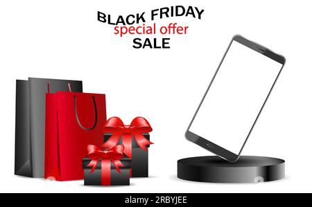 Il concetto di shopping online il Black friday e il cyber monday, ordini online di beni e regali dai negozi online. smartphone con una pagina aperta di Illustrazione Vettoriale