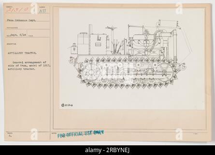 Questa fotografia mostra la vista laterale di un modello di trattore di artiglieria 1917 da 5 tonnellate. È stata scattata il 6 settembre 1918 dal fotografo del Dipartimento di Ordnance. L'immagine fornisce una disposizione generale dettagliata del trattore. Il numero assegnato a questa immagine è AU C. 21310 ed è contrassegnato come "SOLO PER USO UFFICIALE". Foto Stock