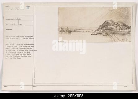 "Il disegno del capitano J. Andre Smite raffigura una veduta del fiume Reno, presa dal ponte Pfaffendorfer, che guarda a valle di Coblenz durante la prima guerra mondiale. Il disegno mostra la fortezza di Ehrenbreitstein a destra, Coblenz a sinistra, e un ponte che collega i due. A questa fotografia è stato assegnato il numero 111-SC-42950." Foto Stock