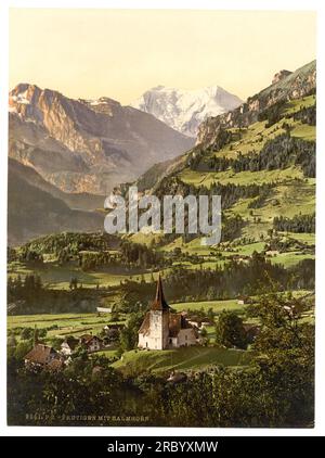 Frutigen, Chiesa di Doldenhorn e Balmhorn, Alpi Bernesi, Berna, Svizzera 1890. Foto Stock