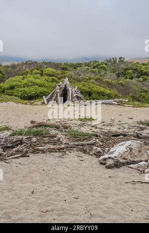 Diftwood Beach Shack costruito da un costruttore anonimo all'Andrew Molera State Park, a Big Sur, California. Foto Stock