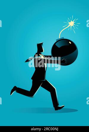 Business Concept vettore illustrazione di un uomo d'affari che corre panico con bomba in mano che pronto a esplodere Illustrazione Vettoriale