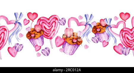 Acquerello bordo senza cuciture del tema san valentino con cuore diverso, caramelle, dolci e muffin, disegno a mano, cornice di colore rosa e lilla Foto Stock