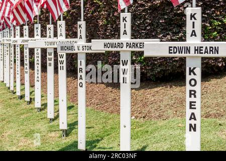 Hampton Georgia, marcatori veterani di guerra del Memorial Day, uccisi in azione, Vietnam coreano, prima guerra mondiale, Afghanistan, Iraq, croci Foto Stock