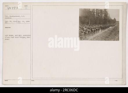 I soldati del 1st Engineers, 1st Division, sono visti marciare lungo una strada vicino a Wirges, in Germania. La fotografia, scattata dal chirurgo il 26 febbraio 1919, cattura le attività militari durante la prima guerra mondiale. L'immagine è stata pubblicata con le note "48495" il 14 dicembre 1918. Foto Stock