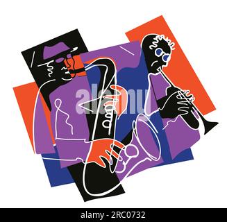 Due jazzmen, tema jazz, trombettista e sassofonista. Illustrazione espressiva di due musicisti jazz, disegno continuo. Illustrazione Vettoriale