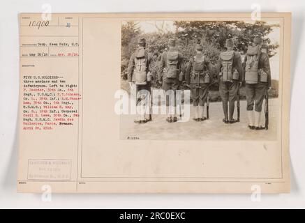 Cinque soldati statunitensi, composti da tre marines e due fanti, posano per una fotografia al Jardin des Tuileries, Parigi, Francia. Da sinistra a destra, i loro nomi sono F. Dochter, H.T. Johnson, R.M. Stoneham, William H. May e il caporale Cecil R. Laws. La foto è stata scattata il 20 aprile 1918 dalla Corp Keen Polk, S.C.. L'immagine è stata censurata e pubblicata il 23 maggio 1918 dalla Historical Branch of the W.P.D. Foto Stock