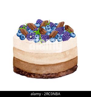 Torta al cioccolato decorata con frutti di bosco. Clip natalizia ad acquerello per biglietti di auguri, inviti, menu, loghi, stampe di tessuti. Matrimonio, b Foto Stock
