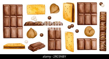 Collezione di dolci: Barrette di cioccolato, biscotti, noci. Acquerello disegnato a mano. Insieme di elementi. Foto Stock