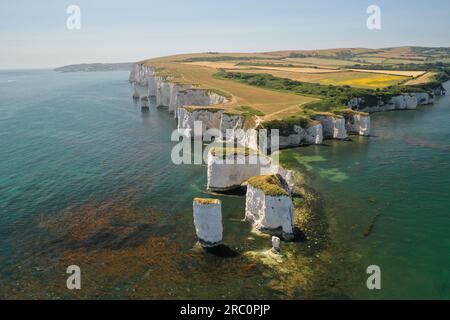 Ammira le viste mozzafiato dei droni aerei della costa giurassica e le formazioni rocciose uniche su questa formazione geologica di calcare Old Harry Rocks Foto Stock