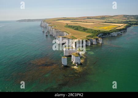 Ammira le viste mozzafiato dei droni aerei della costa giurassica e le formazioni rocciose uniche su questa formazione geologica di calcare Old Harry Rocks Foto Stock