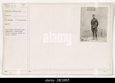 Didascalia: 'Caporale Swain, S.C., fotografo, ha catturato un'immagine del chirurgo colonnello Donald McDonald, istruttore di campo e ufficiale comandante a Saumur, Maine et Loire, Francia, il 17 novembre 1918. Questa fotografia porta il numero di serie ufficiale 111-SC-41374 ed è stata ricevuta il 26 febbraio 1919. Le note complementari indicano la presenza delle note C e del numero di identificazione 5047374." Foto Stock