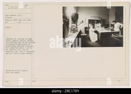 Vista interna della Divisione di chimica nel laboratorio medico centrale di Digione, Francia. La fotografia, scattata il 31 agosto 1918, mostra il tenente Walters, il soldato di prima classe Guerrier, il soldato di prima classe Bassett e il caporale Kerr. Sono coinvolti nel processo di produzione di una gomma araba al 6% in una soluzione di cloruro di sodio al 0,9%, utilizzata come sostituto del sangue. La fotografia ha superato la censura A.E.F. ma non ha una data di emissione specificata. Ulteriori note sono disponibili in Image Notes ID: Ol2807. Foto Stock