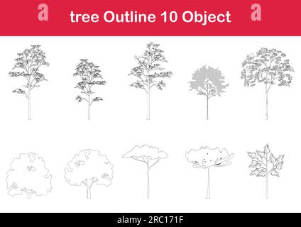 Disegno di linee ad albero, vista laterale, elementi grafici ad albero singolo oggetto contorno minimo simbolo di pianta per architettura e progettazione di paesaggi. Vettore. Illustrazione Vettoriale