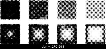 Set di forme quadrate gradiente mezzitoni. Collezione di cubi testurizzati punteggiati. Sfumatura rotonda in stile fumetto e pop art. Pacchetto di elementi di design neri. Pacchetto sfondo pixellato. Vettore Illustrazione Vettoriale