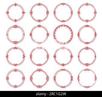 Cornici e bordi asiatici rotondi rossi. Cornici circolari giapponesi, coreane e cinesi. Bordi delle linee vettoriali di motivi orientali, ornamenti tradizionali di nodi e motivi geometrici con decorazioni quadrate Illustrazione Vettoriale