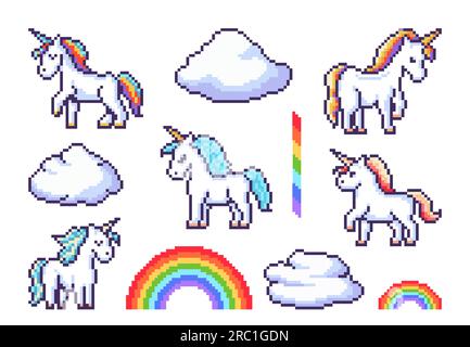 Unicorni Fantasy pixel e arcobaleno, adesivi di gioco. Pixel art vettoriale animali magici di cavallo o pony, nuvole e oggetti arcobaleno. Rétro a 8 bit simpatici personaggi unicorno con corna colorate Illustrazione Vettoriale
