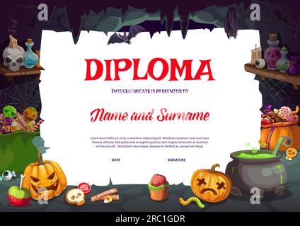 Diploma di Halloween per bambini con grotta delle streghe, dolci natalizi e zucca. Certificato di scuola o asilo vettoriale con calderone per cartoni animati, lanterne jack, pipistrelli e bottiglie di pozione, cornice premio Illustrazione Vettoriale