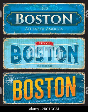 Targhette e adesivi da viaggio a Boston, la capitale degli Stati Uniti del Massachusetts, insegne Vector Grunge Tin. Adesivi Atene d'America con bussola antica rosa del vento e ancora sullo sfondo delle onde d'acqua Illustrazione Vettoriale