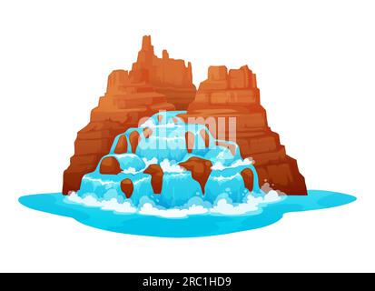 Cascata del selvaggio West e cascata d'acqua dei cartoni animati. Ruscelli e getti d'acqua che cadono dalla roccia del canyon. Flussi multipli isolati che precipitano lungo la roccia occidentale in un ambiente naturale o parco Illustrazione Vettoriale