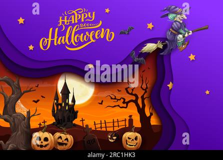 Halloween paper cut Flying Witch and Cimery landscape. Striscione vettoriale Happy Halloween, sfondo tagliato di carta con facce di zucca Jack o lanterna, alberi secchi e lapidi, castello medievale, luna piena Illustrazione Vettoriale